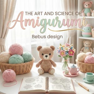 May include: A table setting featuring amigurumi crochet items. A crocheted teddy bear sits next to a book with diagrams. Baskets hold yarn in pastel colors. A crocheted tea set and flowers are also present. The text reads "The Art and Science of Amigurumi".