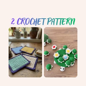Puede incluir: La imagen muestra dos patrones de ganchillo. Uno presenta coloridos cuadrados de lavado con bordes morados, azules, amarillos y beige. El otro es una tortuga verde con detalles de caparazón de ganchillo y pequeños acentos de tortuga. El texto dice "2 Crochet Pattern."