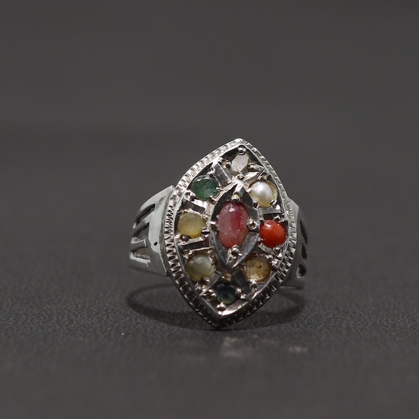 Handcrafted Natural Navaratna Gemstone Ring | Pear Design Ring | Multi Gemstone Ring | Silver Ring| Navratan Stone Ring | Gift for Her