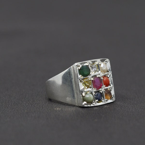 Handcrafted Natural Navaratna Gemstone Ring | Square Design Ring | Multi Gemstone Ring | Silver Ring | Navratan Stone Ring | Gift for Her