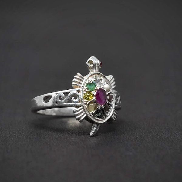 Natural Navaratna Tortoise Design Ring | Elegant Handcrafted Jewelry | Sparkling Turtle Shape | Gift for Her | Multi Gemstone Rings