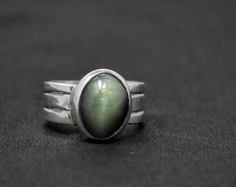 Hypoallergenic Sterling Silver With Oval Cut Cat Eye Gemstone Ring | Silver Ring, Green Stone Ring, Statement Ring,  Christmas Gift for Her