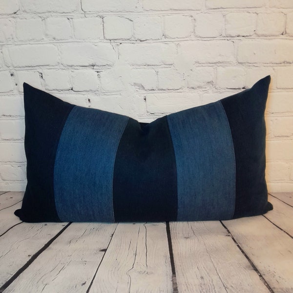 Denim bolster rectangle cushion cover, vintage denim dark blue upcycled throw pillow large stripe, striped.