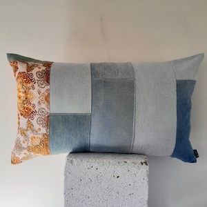 Denim bolster cushion cover, vintage denim and cotton pale light blue orange patchwork upcycled pillow large