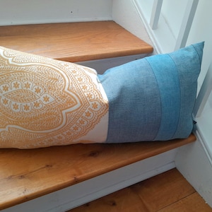 Cushion rectangle bolster cover pillow yellow blue cream denim embroidered handmade boho luxe unique