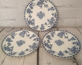 Set of three antique Wood & Sons Delph small plates blue white floral side