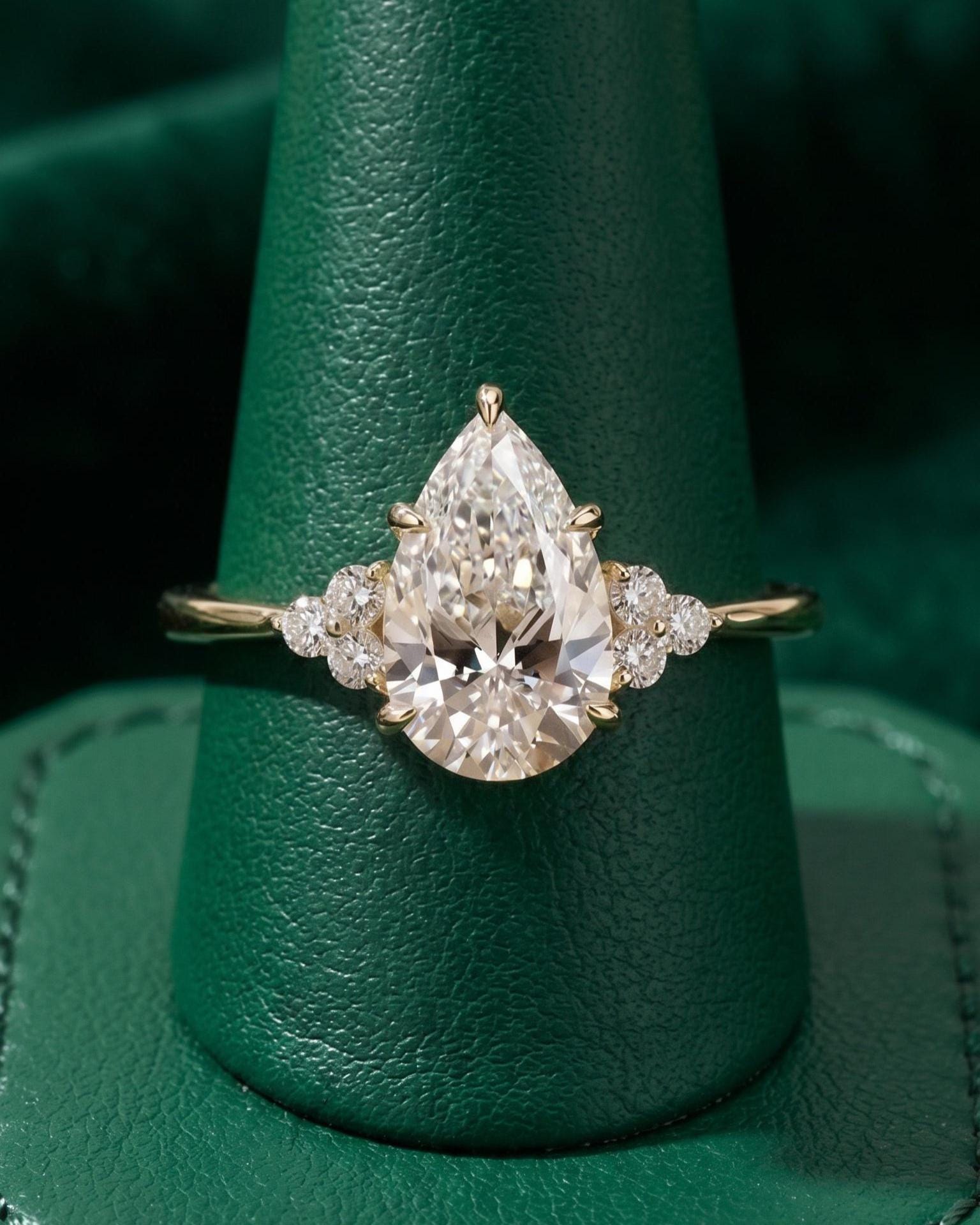 Pear Cut Lab Diamond Engagement Ring – 14K Yellow Gold Floral Vintage ...