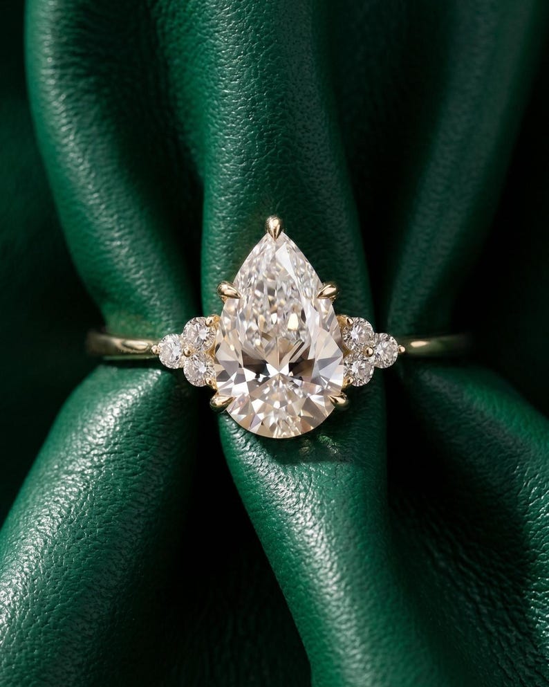Pear Cut Lab Diamond Engagement Ring – 14K Yellow Gold Floral Vintage ...