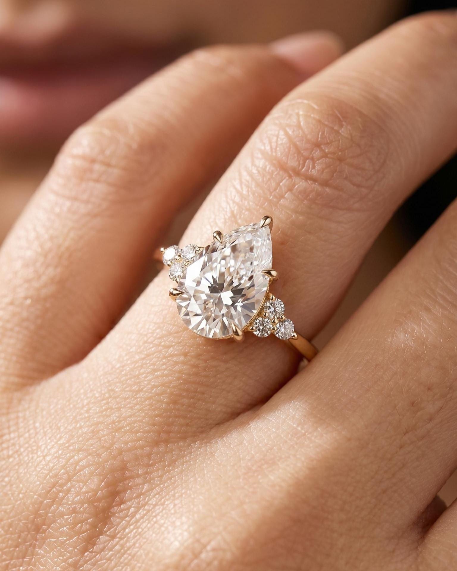 Pear Cut Lab Diamond Engagement Ring – 14K Yellow Gold Floral Vintage ...
