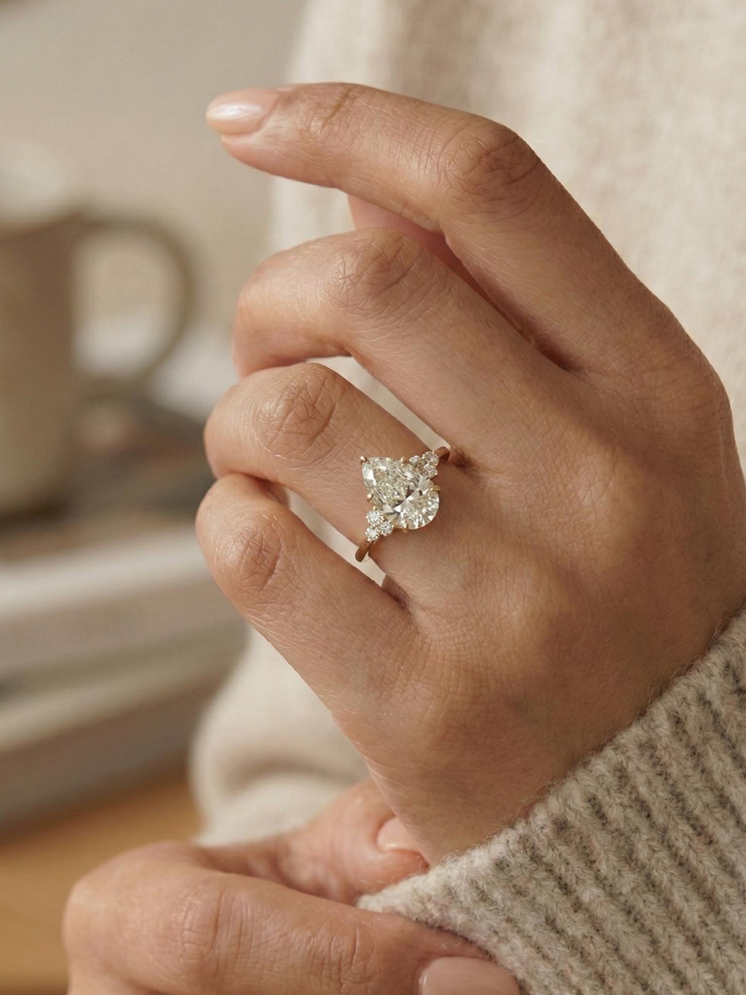 Pear Cut Lab Diamond Engagement Ring – 14K Yellow Gold Floral Vintage ...