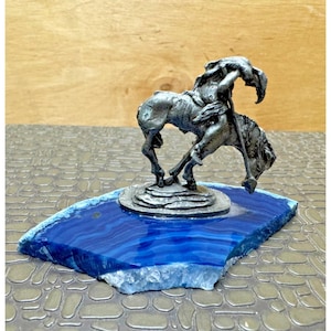 End of the Trail Sculpture Indian on Horse Pewter Miniature on Blue Geode