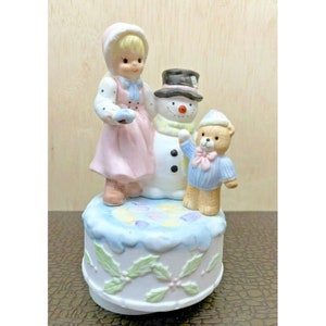Precious Moments Style Music Box, Little Girl, Snowman and Teddy Bear *