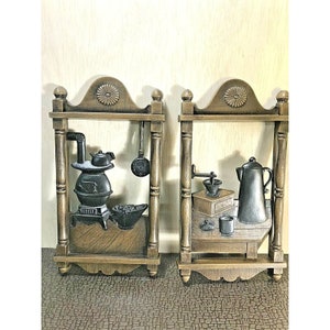 Vintage 2 1974  Homco Colonial Kitchen Brown Plastic Hanging Wall Plaques