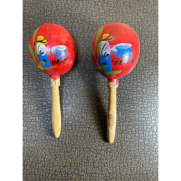 Vintage Gourd Maracas Hand Painted in Mexico, Musical Percussion Rattle Red