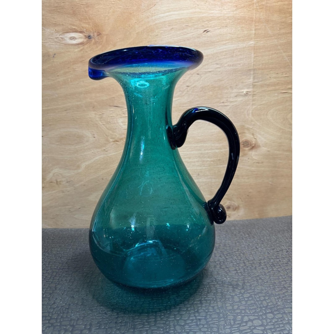 Handblown Glass Water Pitcher. Light Blue With Dark Blue Rim and Handle ...