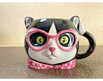 Black Cat With Polka Dot Pink Glasses Ears Earthenware Coffee Tea Cup Mug *