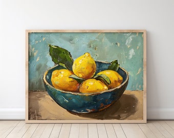 Bowl of Lemons Vintage Oil Painting Matte Horizontal Poster, Bowl of Lemons, Oil Painting, Artistic, Poster, Fruit, Decor, Lemons