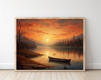 A Lakeside Sunset Vintage Oil Painting Digital/Printable Art