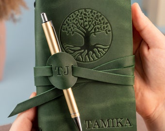 Green leather journal with life tree, refillable journal with green leather cover, personalized lined notebook, green cover notebook