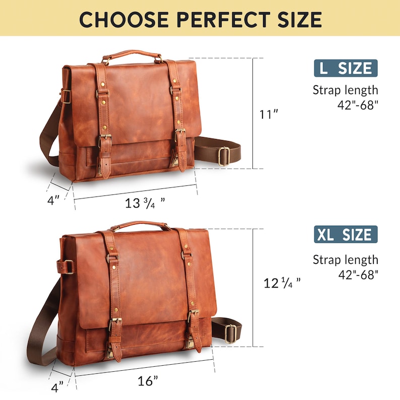 May include: Two brown leather briefcases with adjustable shoulder straps. The L size is 11 inches high, 13 3/4 inches wide, and 4 inches deep. The XL size is 12 1/4 inches high, 16 inches wide, and 4 inches deep. The strap length is 42-68 inches. The text reads "CHOOSE PERFECT SIZE".