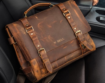 Personalized Mens Leather Briefcase with Trolley, Anniversary Gift, Leather Laptop Bag, Gifts for Dad