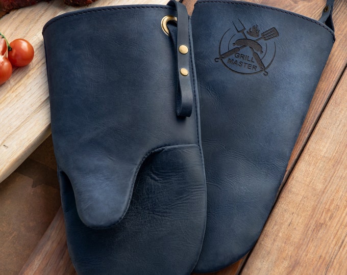 Leather grill gloves for Men, Colorful leather grill mitts, Leather mitts for Grill Master, Protective grilling gloves