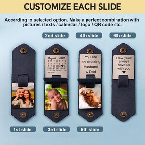 May include: A set of six customizable photo slides with a leather-like finish. Each slide features a different image, including a couple, a baby, a cat, a calendar, and a message. The slides are designed to be used in a photo album or scrapbook.