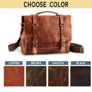May include: A brown leather messenger bag with a top handle, shoulder strap, and buckle closures. The bag has the initials "KWB" embossed on the front. The image also shows color swatches for copper, brown, Dakota, and black.
