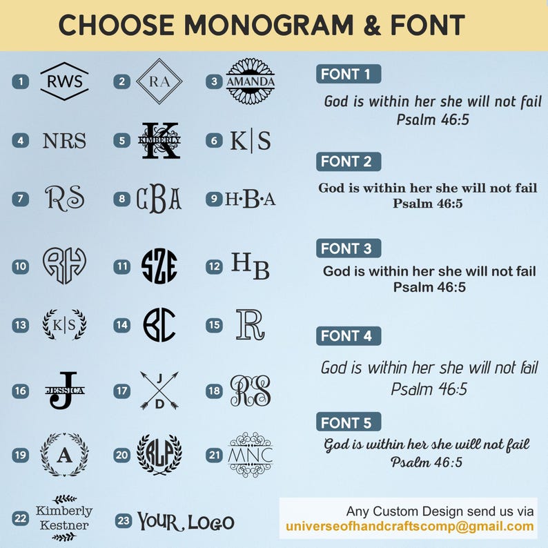 Może przedstawiać: Wykres z 23 r&oacute;żnymi wzorami monogram&oacute;w i 5 r&oacute;żnymi stylami czcionek. Każdy wz&oacute;r monogramu jest ponumerowany i zawiera przykład wzoru. Style czcionek są ponumerowane i zawierają przykład stylu czcionki z tekstem "B&oacute;g jest w niej, ona się nie zachwieje Psalm 46:5".