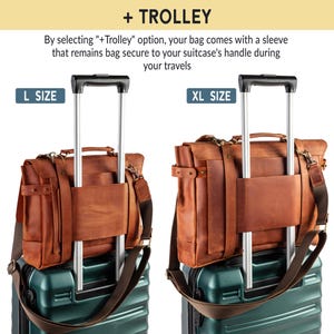 May include: Two brown leather messenger bags, labeled "L SIZE" and "XL SIZE", attached to the handles of green rolling suitcases. The bags have a sleeve that secures them to the suitcase handle. The text "+ TROLLEY" is at the top.