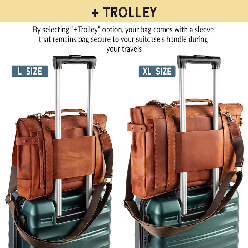 May include: Two brown leather messenger bags, labeled "L SIZE" and "XL SIZE", attached to the handles of green rolling suitcases. The bags have a sleeve that secures them to the suitcase handle. The text "+ TROLLEY" is at the top.