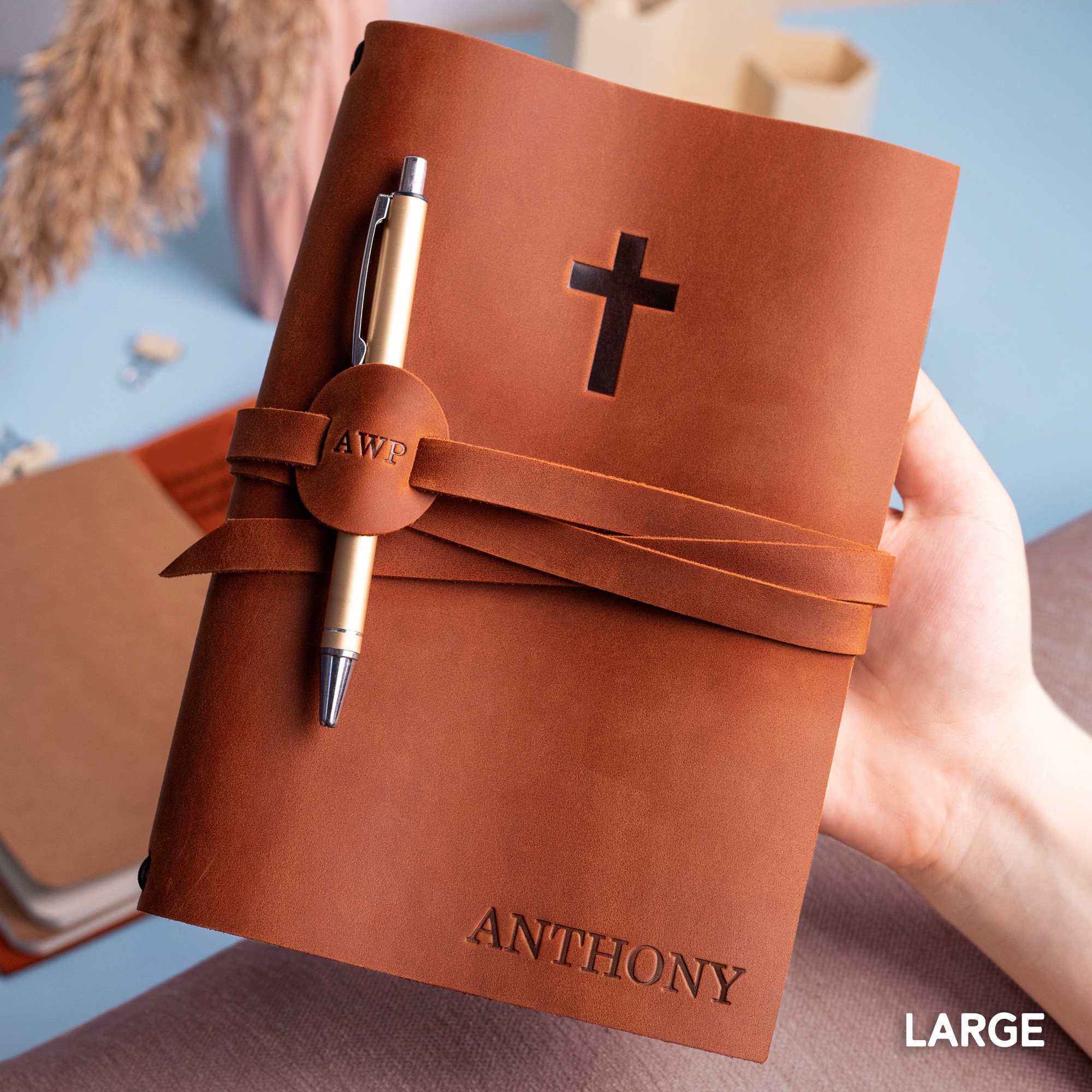 Custom leather religious journal, personalized leather priest journal, priest gift with engraved text message, gift for catholic men