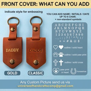 May include: Two leather keychains with the word "DADDY" embossed in gold. The keychain on the left is labeled "GOLD" and the keychain on the right is labeled "CLASSIC". The image shows different customization options for the keychains, including initials, dates, symbols, and designs like hearts, paw prints, and crosses.
