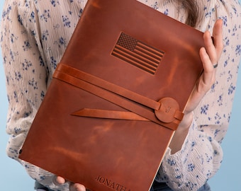 Embossed Extra Large Leather Journal, Gift for Writer, A4 Leather Journal Cover with Lined Paper