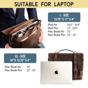 May include: A brown leather laptop bag with multiple compartments, shown open with a laptop and accessories inside. The bag is labeled "SUITABLE FOR LAPTOP" and includes size information: L-Size 13.75" x 11" x 4" and XL-Size 16" x 12.75" x 4".