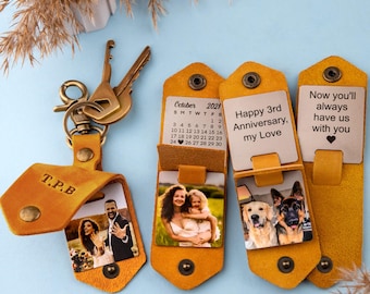 Third Anniversary Gift for Husband, Anniversary gift, Leather Photo Keychain, Anniversary Gift for Him