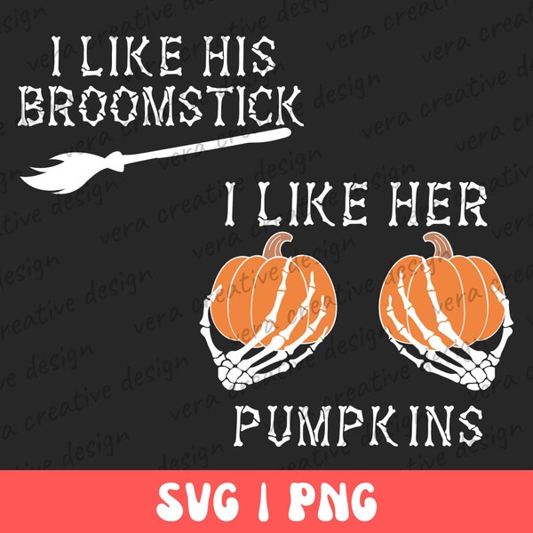 Couples Halloween Tshirt Svg, Trick or Treating Parents Matching Png, Funny Halloween Svg, Broomsticks Pumpkins Png, I Like Her Pumpkins Png