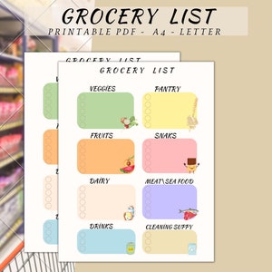 Lista de compras para impressão, planejador de compras, lista de compras de alimentos, laticínios, lista de verificação de compras, produtos e despensa, A4 e carta para download instantâneo