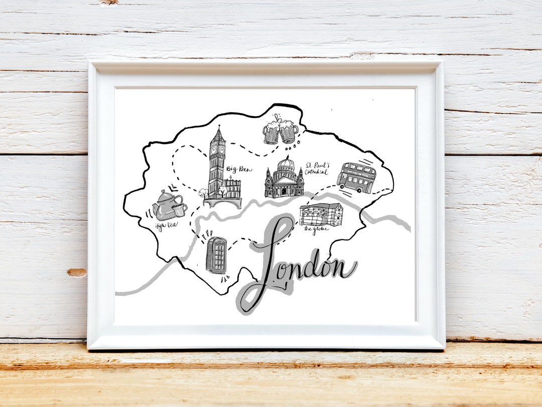 London England Illustrated Map Digital Art Print Etsy
