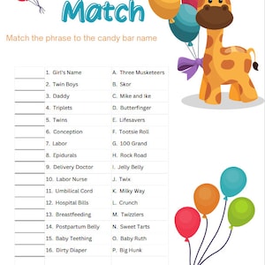 May include: A printable game for a baby shower or gender reveal party. The game asks players to match phrases related to pregnancy and childbirth to different candy bar names. The game features a cartoon giraffe holding balloons.