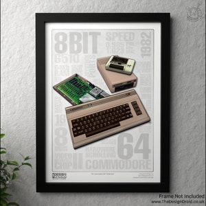 May include: A vintage-style illustration of the Commodore 64 computer, a beige computer with a keyboard and a floppy disk drive. The illustration is surrounded by text that includes the words "8-bit", "6510", "RAM", "Speed", "Hardware Scrolling", "Chip", "Commodore", and "1982".