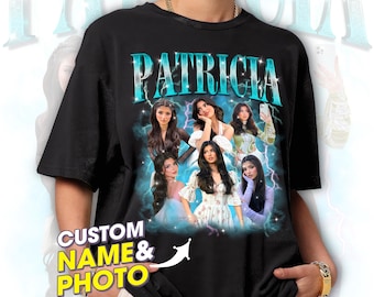 May include: Black t-shirt with a blue and white graphic of five women with the name "PATRICIA" in blue glitter letters. The text "CUSTOM NAME & PHOTO" is in yellow with an arrow pointing to the graphic.