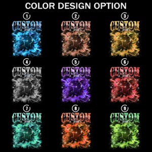 May include: A graphic showcasing nine color design options. Each design features the word "CUSTOM" above a text field, set against a backdrop of lightning and clouds. The designs vary in color, including blue, brown, yellow, gray, purple, red, green, and orange.