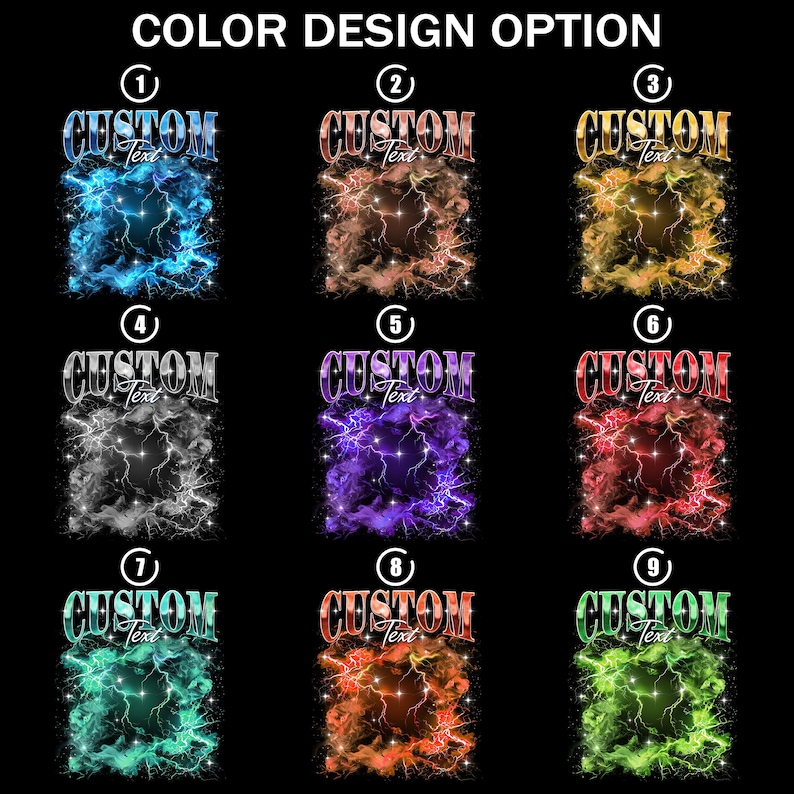 May include: A graphic showcasing nine color design options. Each design features the word "CUSTOM" above a text field, set against a backdrop of lightning and clouds. The designs vary in color, including blue, brown, yellow, gray, purple, red, green, and orange.