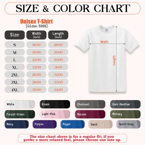 May include: A white Unisex T-Shirt with a size and color chart. The chart shows measurements in inches for sizes S to 4XL, with widths from 18.00 to 30.00 inches and lengths from 28.00 to 34.00 inches. Color options include white, black, and others.
