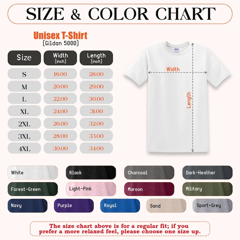 May include: A white Unisex T-Shirt with a size and color chart. The chart shows measurements in inches for sizes S to 4XL, with widths from 18.00 to 30.00 inches and lengths from 28.00 to 34.00 inches. Color options include white, black, and others.