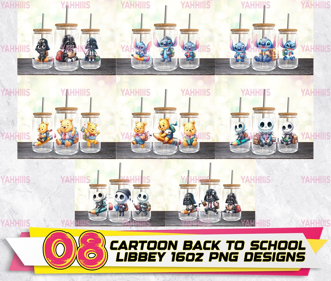 08 Cartoon Back to School 16oz Glass Can Wrap PNG Bundle, Movie ...