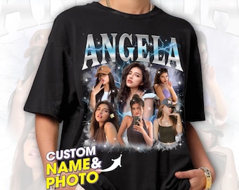 May include: Black t-shirt with the word "ANGELA" printed in silver with lightning bolts. The shirt features a collage of photos of women with a custom name and photo option.