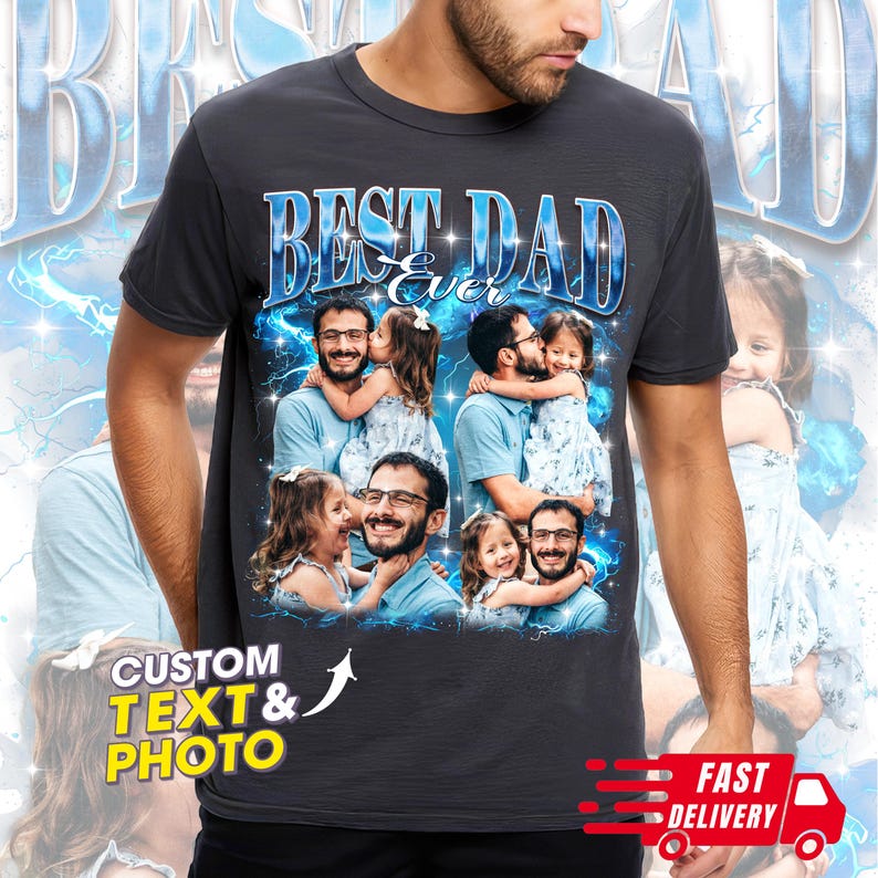 May include: Dark gray t-shirt with the text "BEST DAD Ever" in a blue, stylized font. The shirt features a collage of photos of a man and a child. The words "CUSTOM TEXT & PHOTO" are also visible.