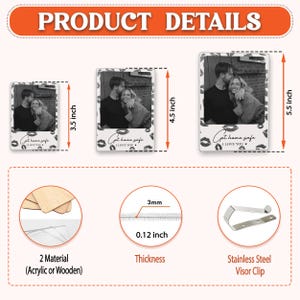 May include: Product details image showing three photo prints with a black and white photo of a couple. The prints are 3.5, 4.5, and 5.5 inches tall. The text "Get home safe, I love you" is printed on the bottom. The thickness is 0.12 inch.